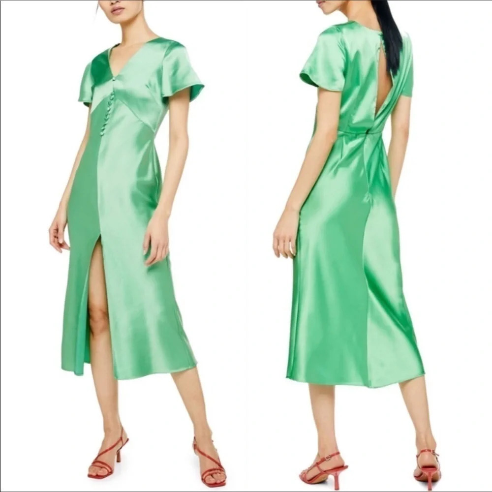 TopShop Angel Sleeve Bias Cut Satin Dress Green 8 v6x